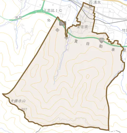 栗住波とその周辺の地図。町の範囲を重ねている
