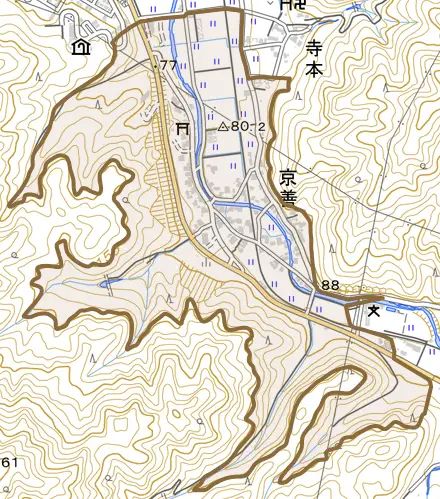 京善とその周辺の地図。町の範囲を重ねている