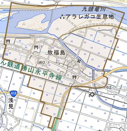 牧福島とその周辺の地図。町の範囲を重ねている