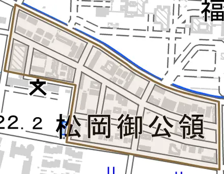 松岡御公領とその周辺の地図。町の範囲を重ねている