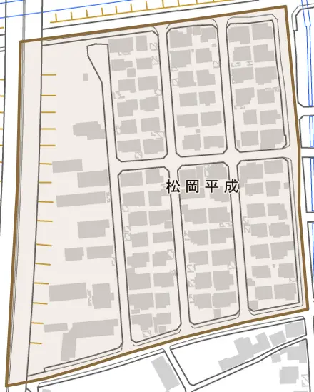 松岡平成とその周辺の地図。町の範囲を重ねている