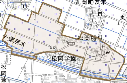 松岡樋爪とその周辺の地図。町の範囲を重ねている