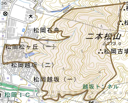 松岡松ケ丘とその周辺の地図。町の範囲を重ねている