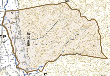 松岡宮重とその周辺の地図。町の範囲を重ねている
