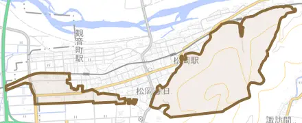 松岡室とその周辺の地図。町の範囲を重ねている