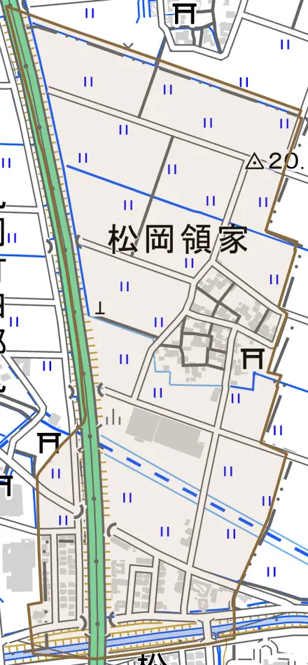 松岡領家とその周辺の地図。町の範囲を重ねている