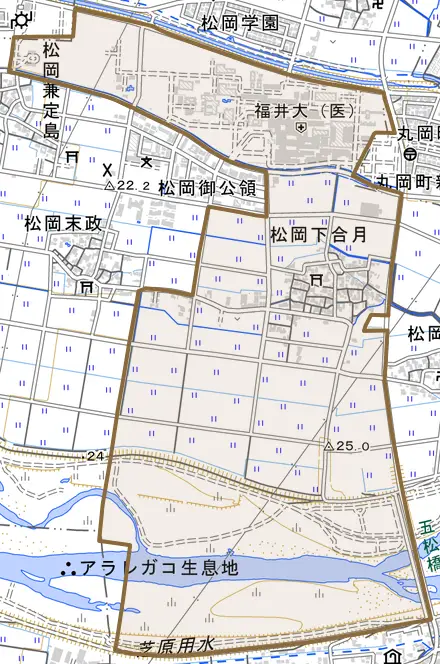 松岡下合月とその周辺の地図。町の範囲を重ねている