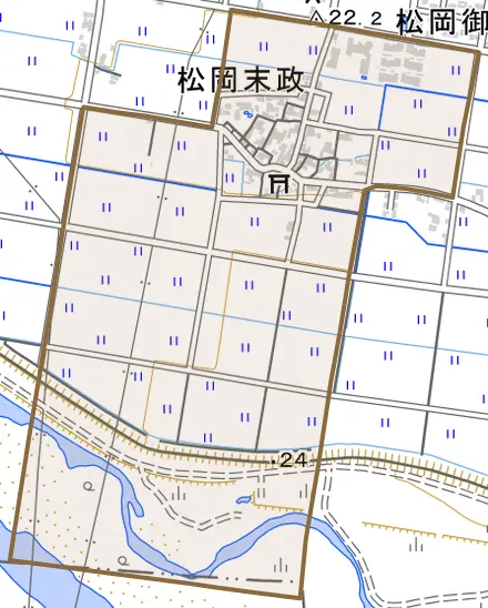 松岡末政とその周辺の地図。町の範囲を重ねている