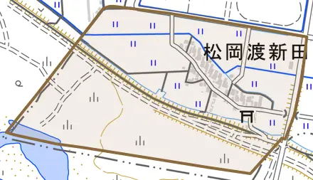 松岡渡新田とその周辺の地図。町の範囲を重ねている