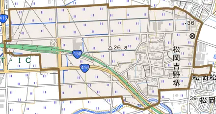 松岡吉野堺とその周辺の地図。町の範囲を重ねている
