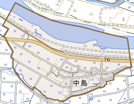 中島とその周辺の地図。町の範囲を重ねている