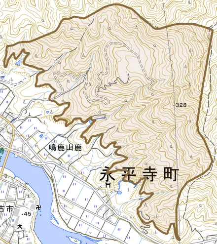 鳴鹿山鹿とその周辺の地図。町の範囲を重ねている
