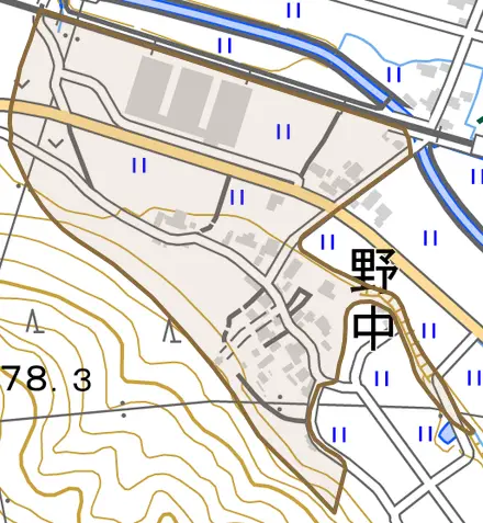 野中とその周辺の地図。町の範囲を重ねている