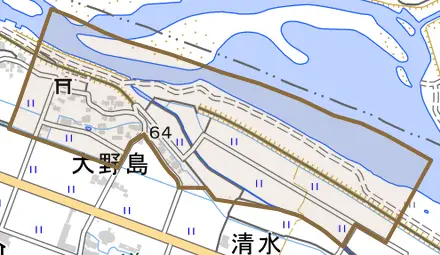 大野島とその周辺の地図。町の範囲を重ねている