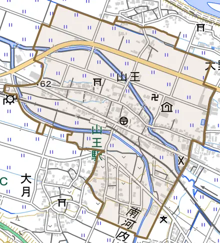 山王とその周辺の地図。町の範囲を重ねている