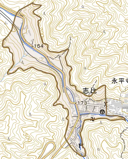 志比とその周辺の地図。町の範囲を重ねている