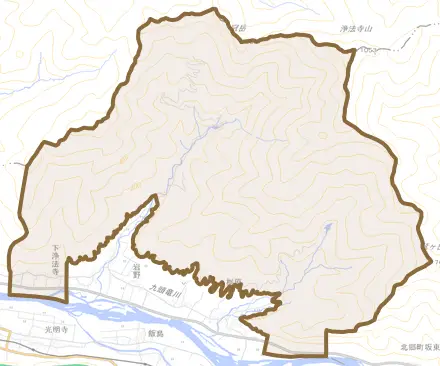 下浄法寺とその周辺の地図。町の範囲を重ねている