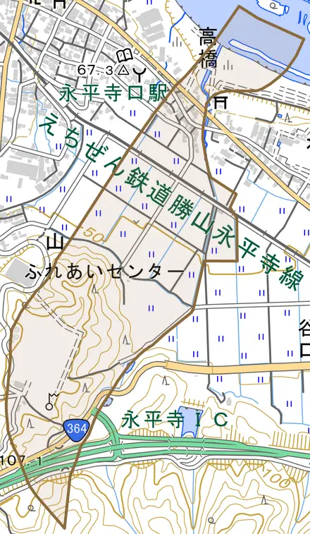 高橋とその周辺の地図。町の範囲を重ねている