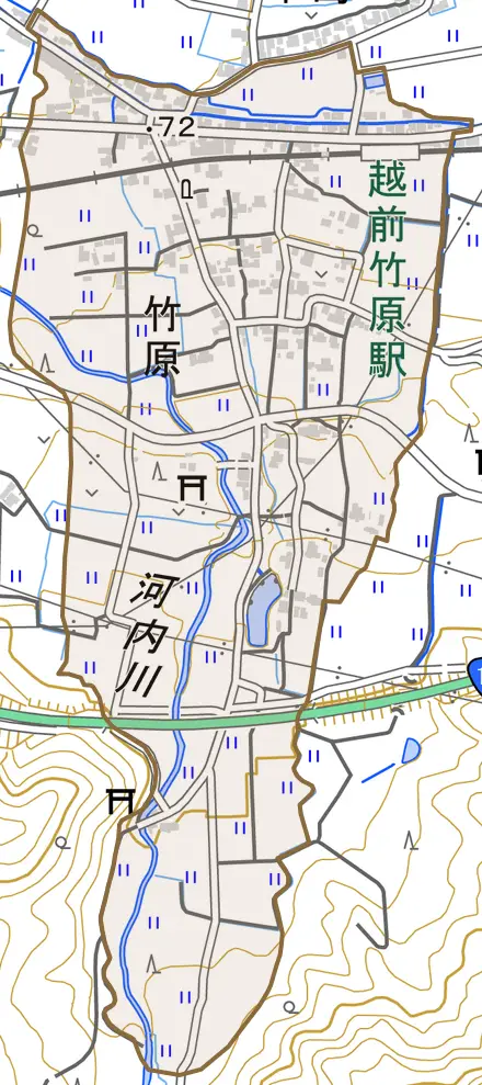 竹原とその周辺の地図。町の範囲を重ねている
