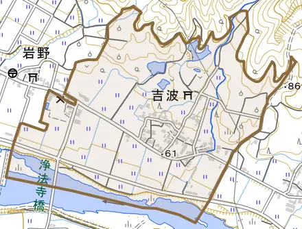 吉波とその周辺の地図。町の範囲を重ねている