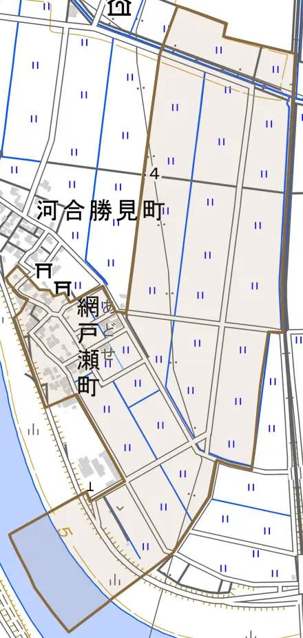 網戸瀬町とその周辺の地図。町の範囲を重ねている