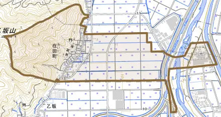 在田町とその周辺の地図。町の範囲を重ねている