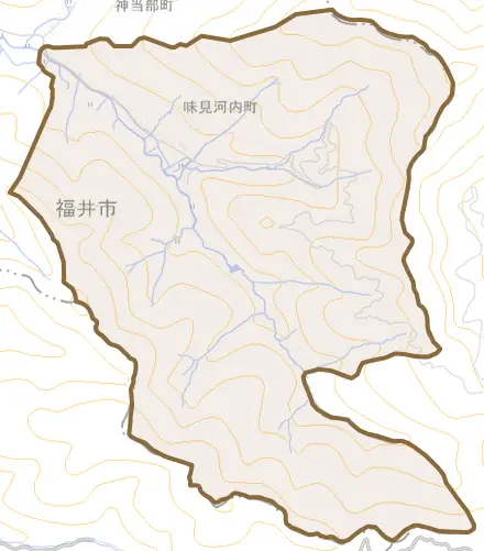 味見河内町とその周辺の地図。町の範囲を重ねている