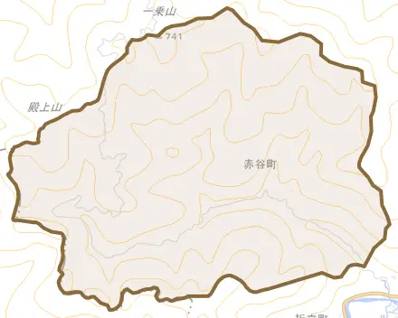 赤谷町とその周辺の地図。町の範囲を重ねている