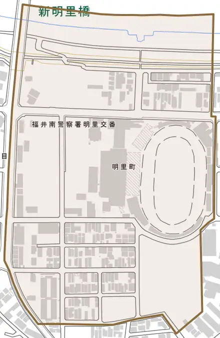 明里町とその周辺の地図。町の範囲を重ねている