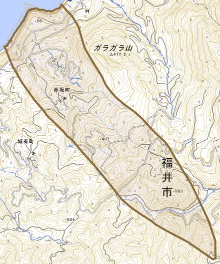 赤坂町とその周辺の地図。町の範囲を重ねている
