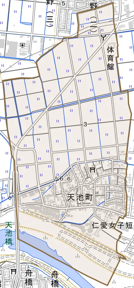天池町とその周辺の地図。町の範囲を重ねている