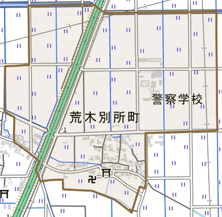 荒木別所町とその周辺の地図。町の範囲を重ねている