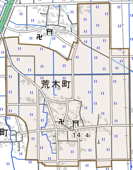 荒木町とその周辺の地図。町の範囲を重ねている