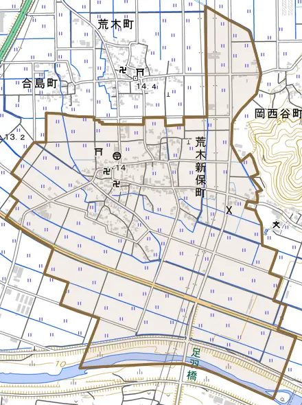 荒木新保町とその周辺の地図。町の範囲を重ねている