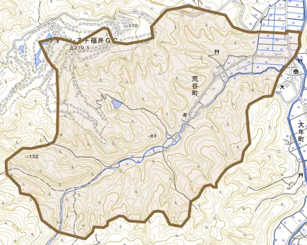 荒谷町とその周辺の地図。町の範囲を重ねている