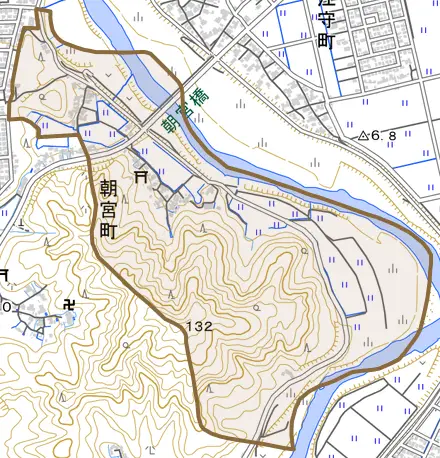 朝宮町とその周辺の地図。町の範囲を重ねている