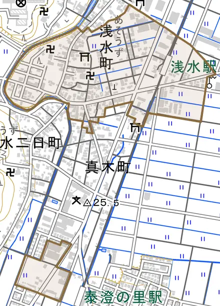 浅水町とその周辺の地図。町の範囲を重ねている