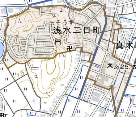 浅水二日町とその周辺の地図。町の範囲を重ねている