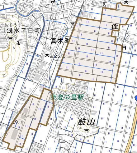 浅水三ケ町とその周辺の地図。町の範囲を重ねている