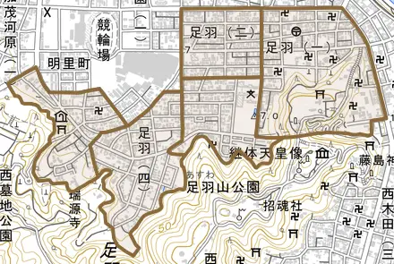 足羽とその周辺の地図。町の範囲を重ねている