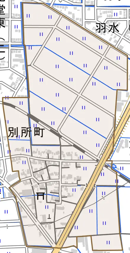 別所町とその周辺の地図。町の範囲を重ねている