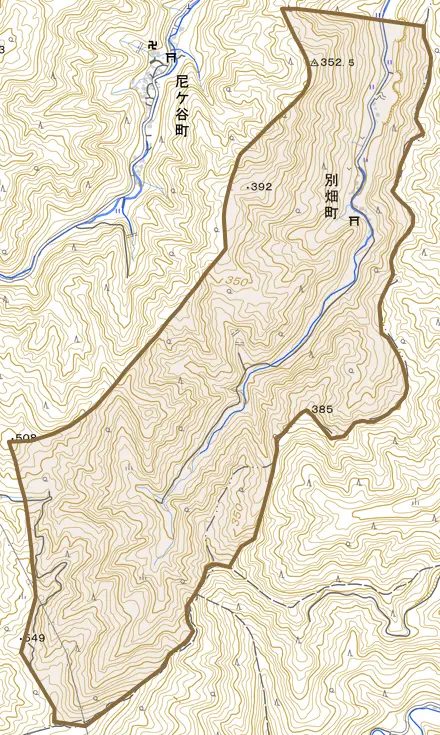 別畑町とその周辺の地図。町の範囲を重ねている