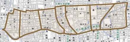文京とその周辺の地図。町の範囲を重ねている