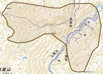 武周町とその周辺の地図。町の範囲を重ねている