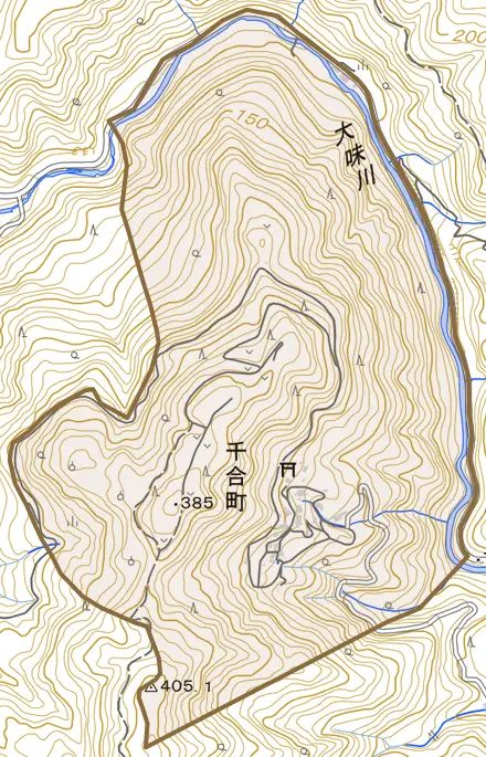 千合町とその周辺の地図。町の範囲を重ねている