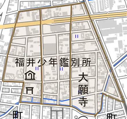 大願寺とその周辺の地図。町の範囲を重ねている