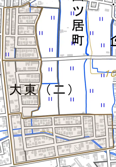 大東とその周辺の地図。町の範囲を重ねている