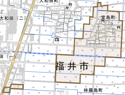 堂島町とその周辺の地図。町の範囲を重ねている