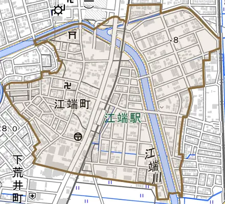江端町とその周辺の地図。町の範囲を重ねている