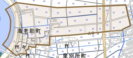 海老助町とその周辺の地図。町の範囲を重ねている